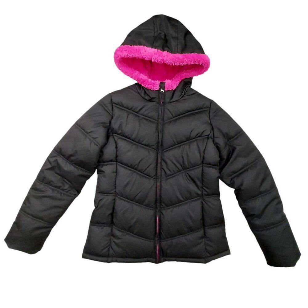 Faded Glory Puffer Jacket Youth XL 14/16 Black Pink Hooded Full Zip Fleece Warm